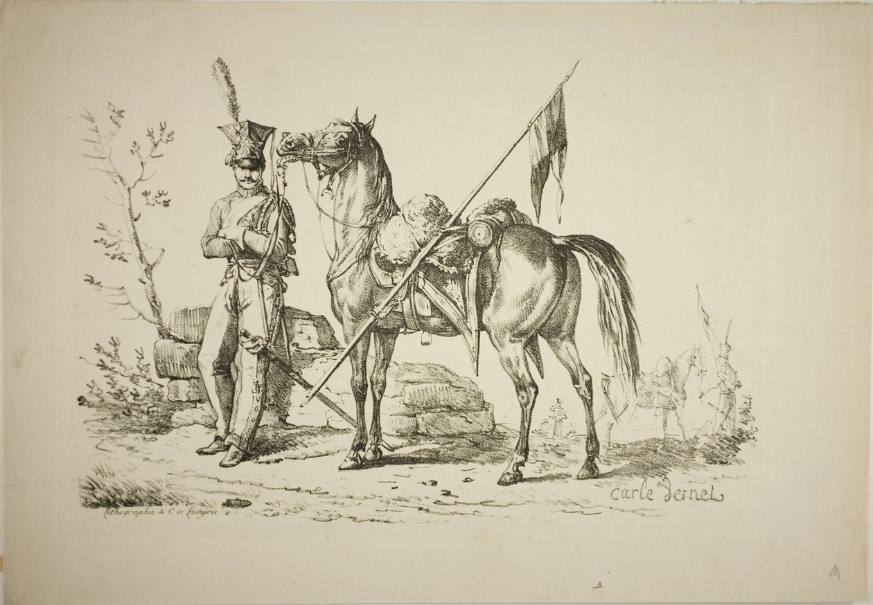 Lanzenträger zu Fuß neben seinem Pferd von Carle Vernet
