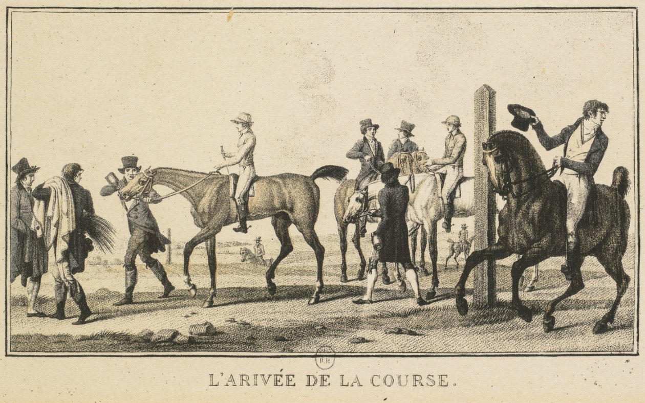 Rennszenen: Ein Pferd kommt an der Rennstrecke an von Carle Vernet