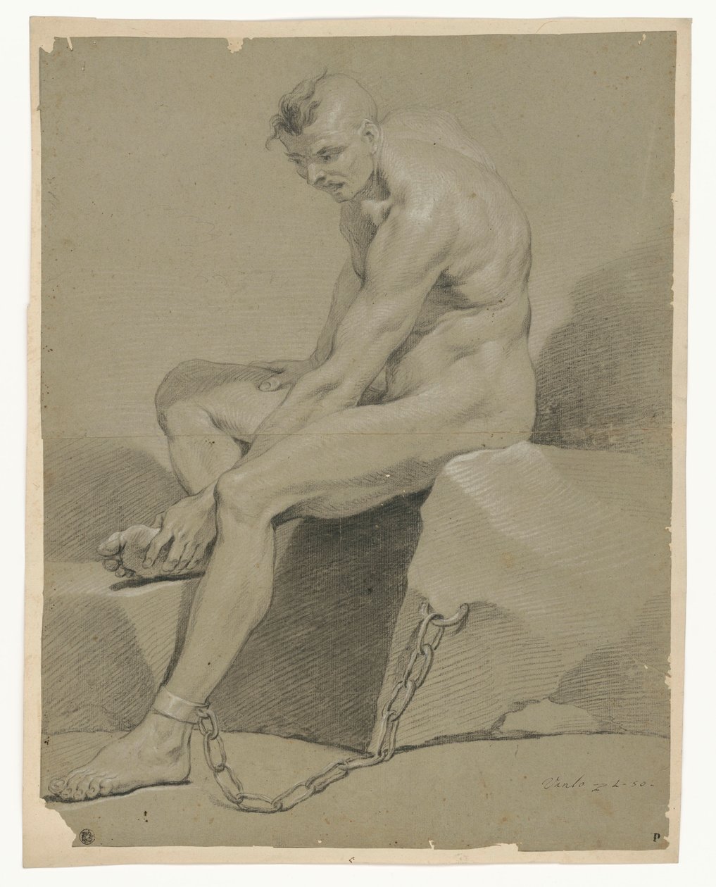 Aktstudie eines sitzenden Gefangenen, an einen Felsen gekettet von Carle van Loo