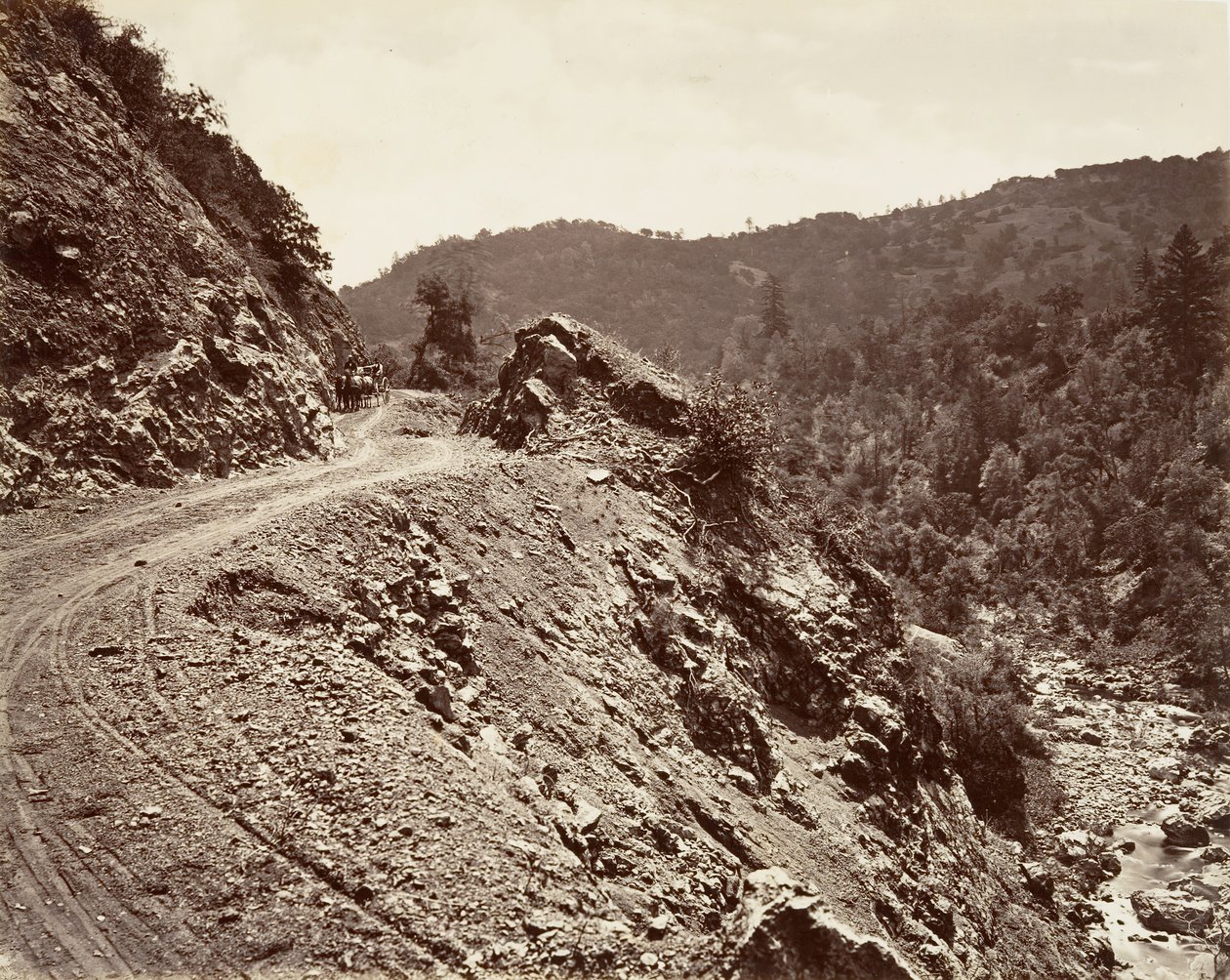 Sulphur Creek und Flume-Straße zu den Geysiren, 1868-70, gedruckt ca. 1876 von Carleton Emmons Watkins