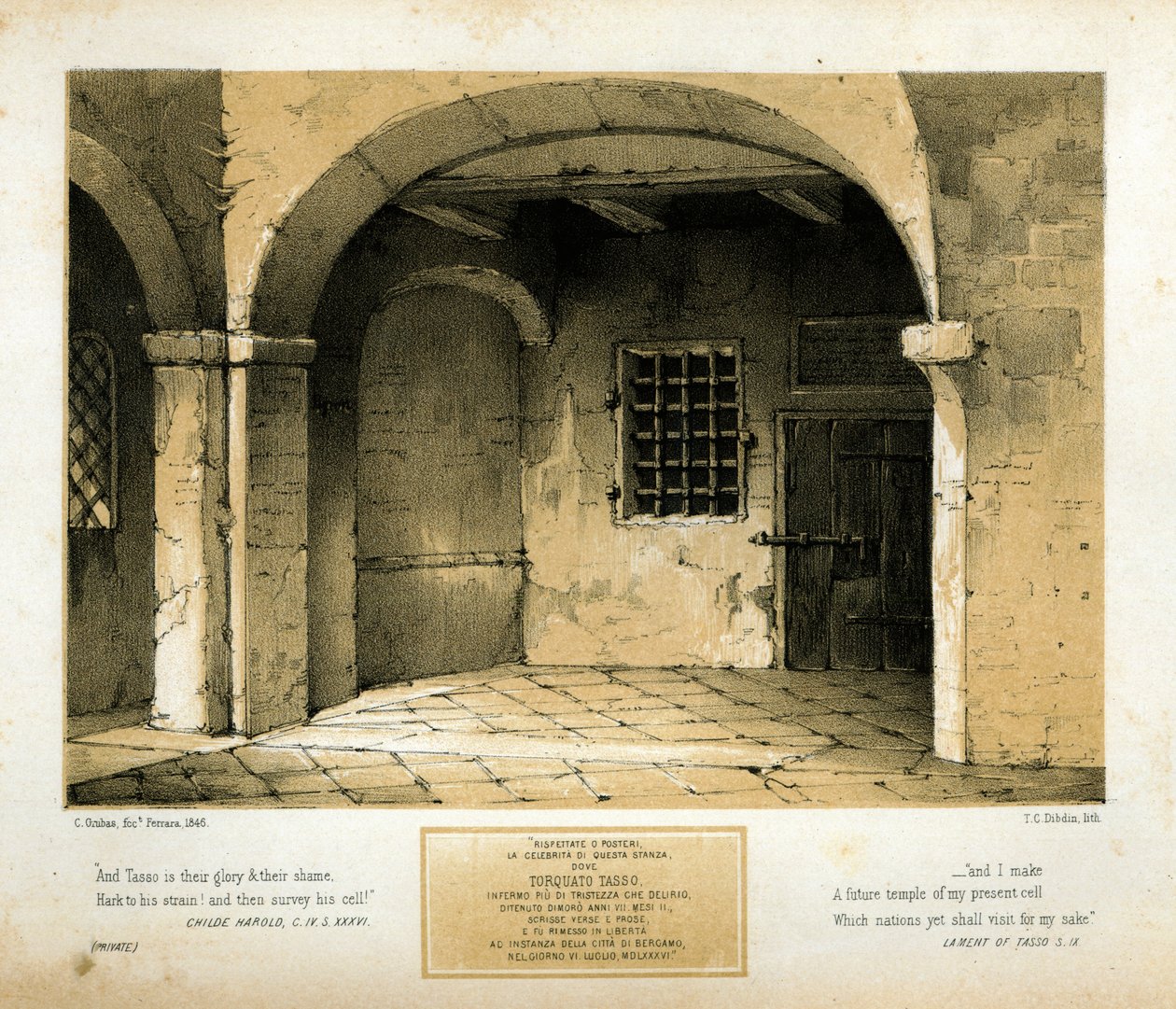 Denkmal für Torquato Tasso, graviert von T.C. Dibdin nach einem Gemälde von 1846 von Carlo Grubacs