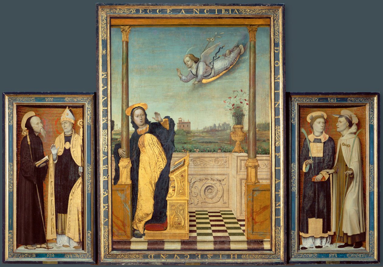Verkündigung, Heilige Benedikt und Augustinus, Heilige Stephanus und Angelus von Carlo Braccesco