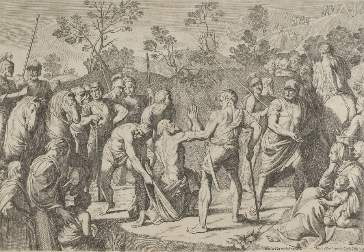 Heiliger Andreas kniend im Gebet, als er zum Kreuz geführt wird, nach Reni, 1650-80 von Carlo Cesi