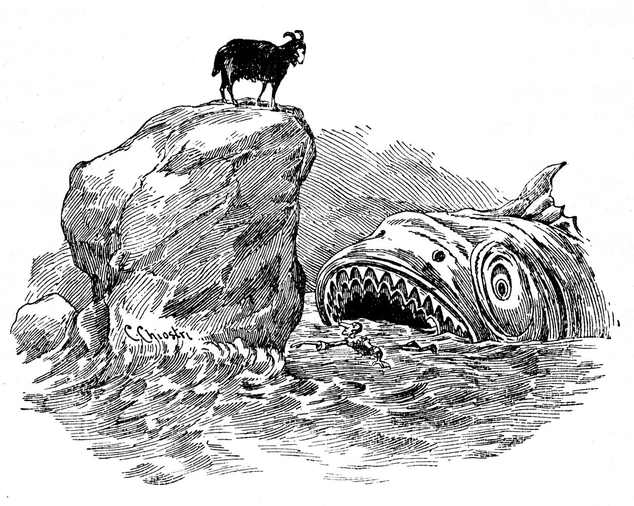 Illustration von Pinocchio von Carlo Chiostri (1863-1939), einer der ersten italienischen Illustratoren von Collodis Werk. Die Holzpuppe wird von einem schrecklichen Hai verschluckt, trotz der Hilfe der blauen Fee, die das Aussehen einer Ziege auf einem Fe von Carlo Chiostri