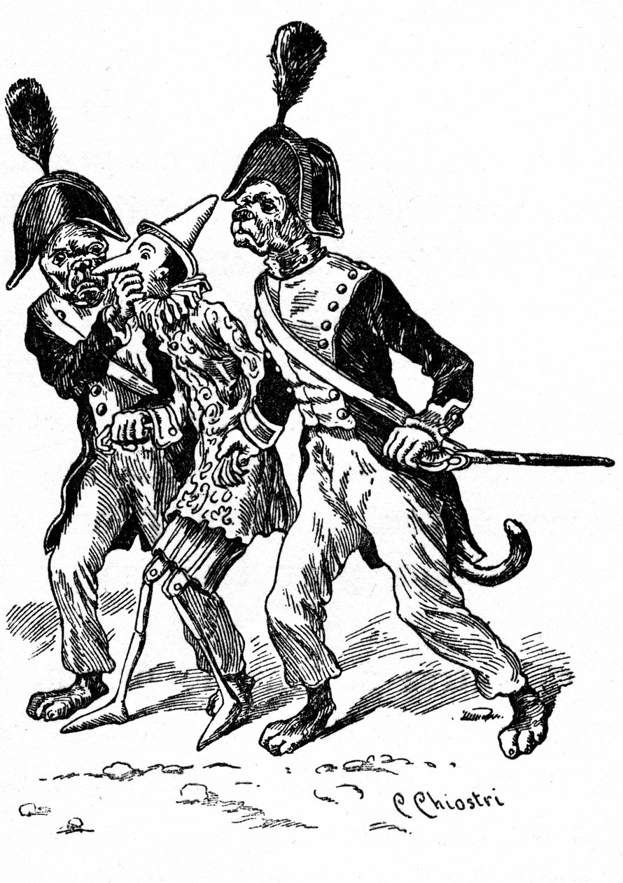 Illustration von Pinocchio von Carlo Chiostri (1863-1939), einem der ersten italienischen Illustratoren von Collodis Werk. Zwei Hunde, als Gendarmen verkleidet, nehmen die Holzpuppe fest. von Carlo Chiostri