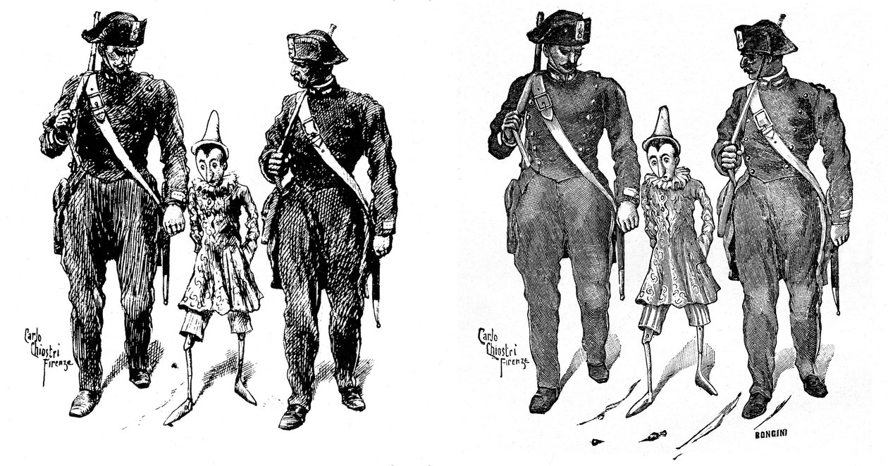 Pinocchio von Carlo Chiostri, zwei Gendarmen nehmen die Holzpuppe von Carlo Chiostri