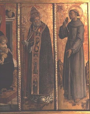 St. Sylvester und St. Franziskus, Detail aus dem San Silvestro Polyptychon von Carlo Crivelli