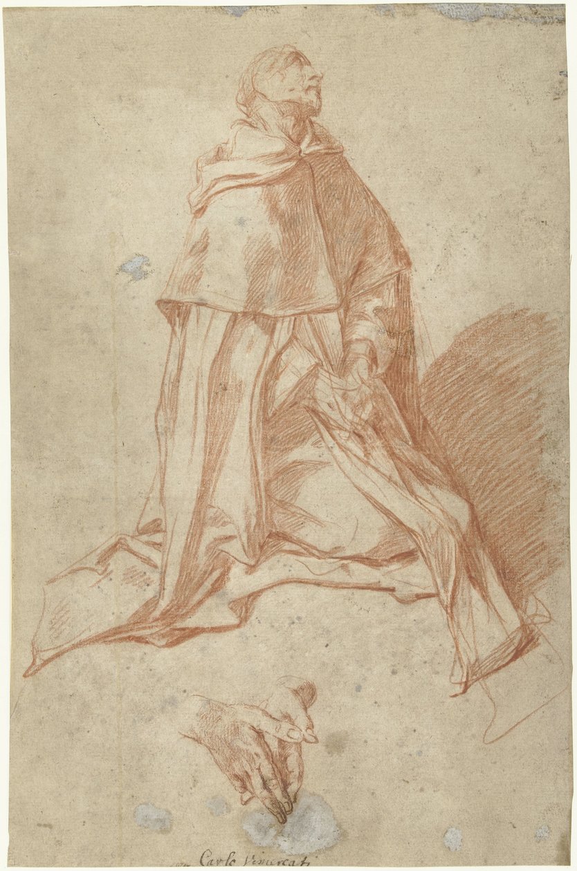 Studie eines betenden, knienden Mönchs, im Profil nach rechts von Carlo Donelli