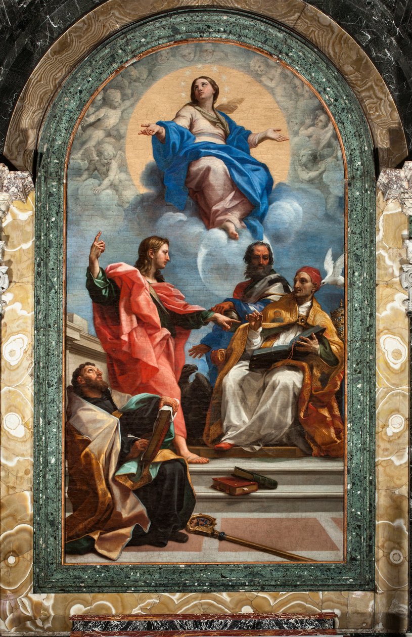 Unbefleckte Empfängnis und Heiliger Johannes der Evangelist, Heiliger Gregor der Große, Heiliger Johannes Chrysostomus und Heiliger Augustinus von Carlo Maratta or Maratti