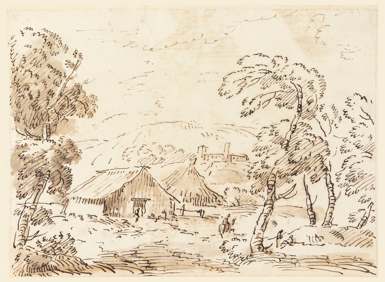 Bauernhaus und eine Burg in bergiger Landschaft von Carlo Marchionni