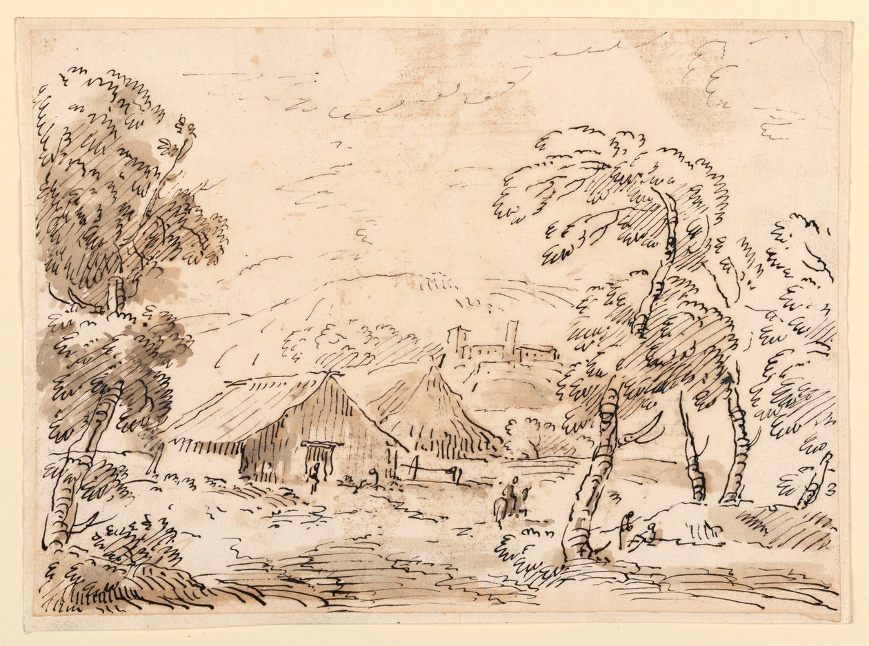 Zeichnung, Eine Bauernwohnung und ein Schloss in gebirgiger Landschaft, 1762–1786 von Carlo Marchionni