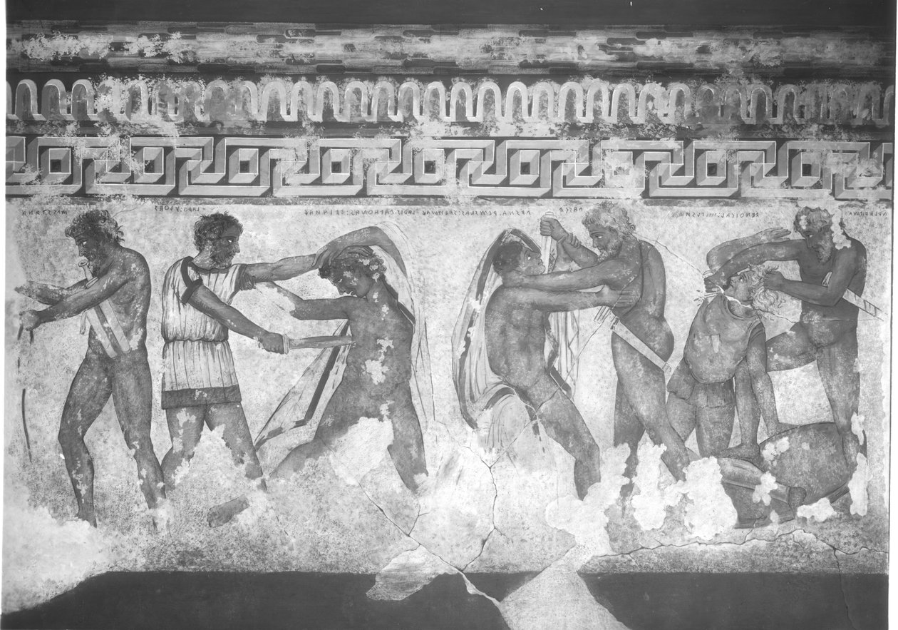 Rekonstruktion der etruskischen Wandmalerei im Francois-Grab in Vulci um 320-280 v. Chr. (Wandmalerei) von Carlo Ruspi