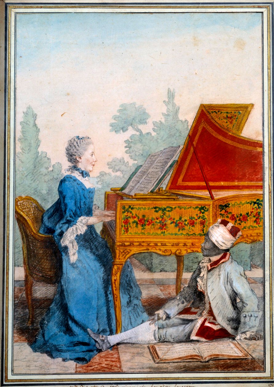 Porträt von Mademoiselle Desgots von Saint Domingue am Cembalo und ihrem Sklaven Laurent von Carmontelle