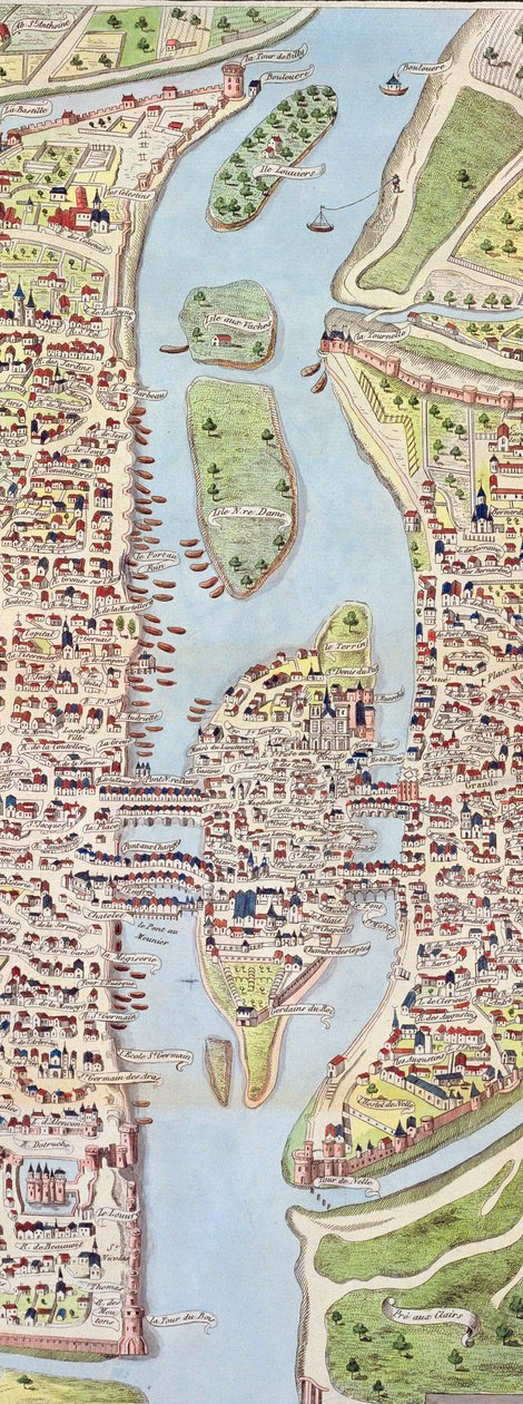 Detail der Île de la Cité, aus der Karte von Paris um 1540, bekannt als Plan de la Tapisserie, hergestellt als Wandteppich um 1570 von Caroline Naudet