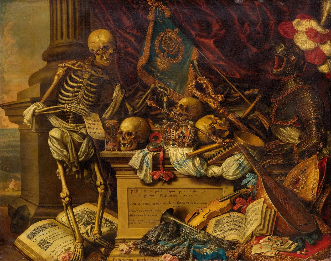 Vanitas Stillleben mit Musikinstrumenten, Büchern, Noten, Skelett, Schädel und Rüstung, 17. Jh. von Carstian Luyckx