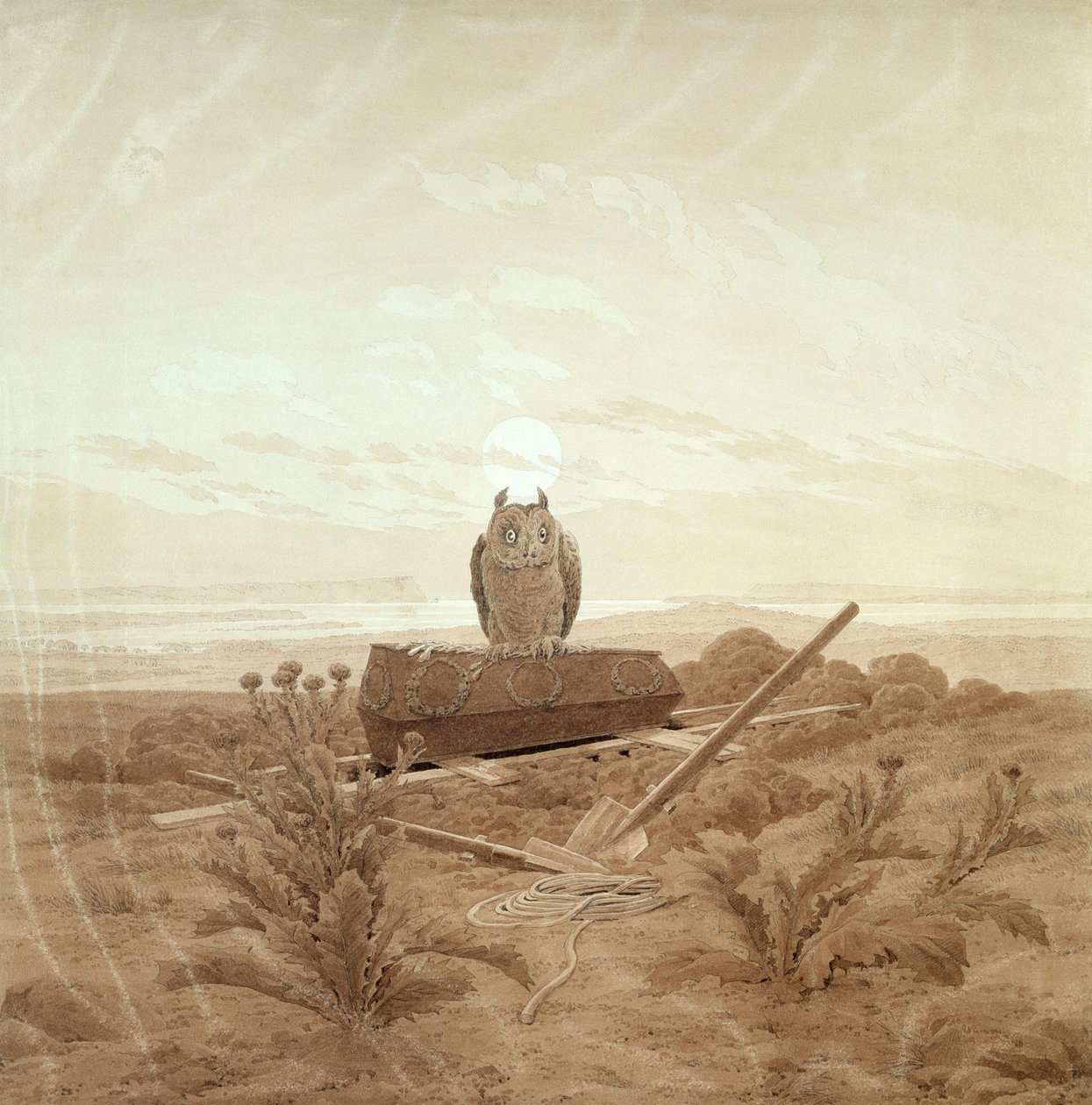 Landschaft mit Grab, Sarg und Eule (Sepia-Tinte und Bleistift auf Papier) von Caspar David Friedrich