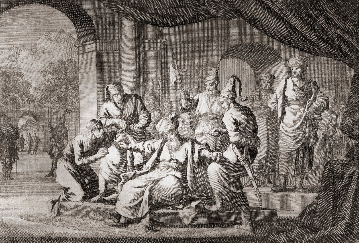Adliger mit einer Seidenschnur erdrosselt. Osmanisches Reich von Caspar (after) Luyken