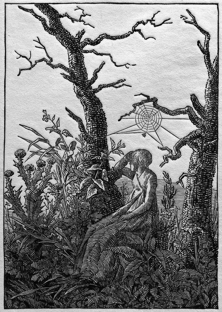 Die Frau mit dem Spinnennetz zwischen kahlen Bäumen von Caspar David Friedrich