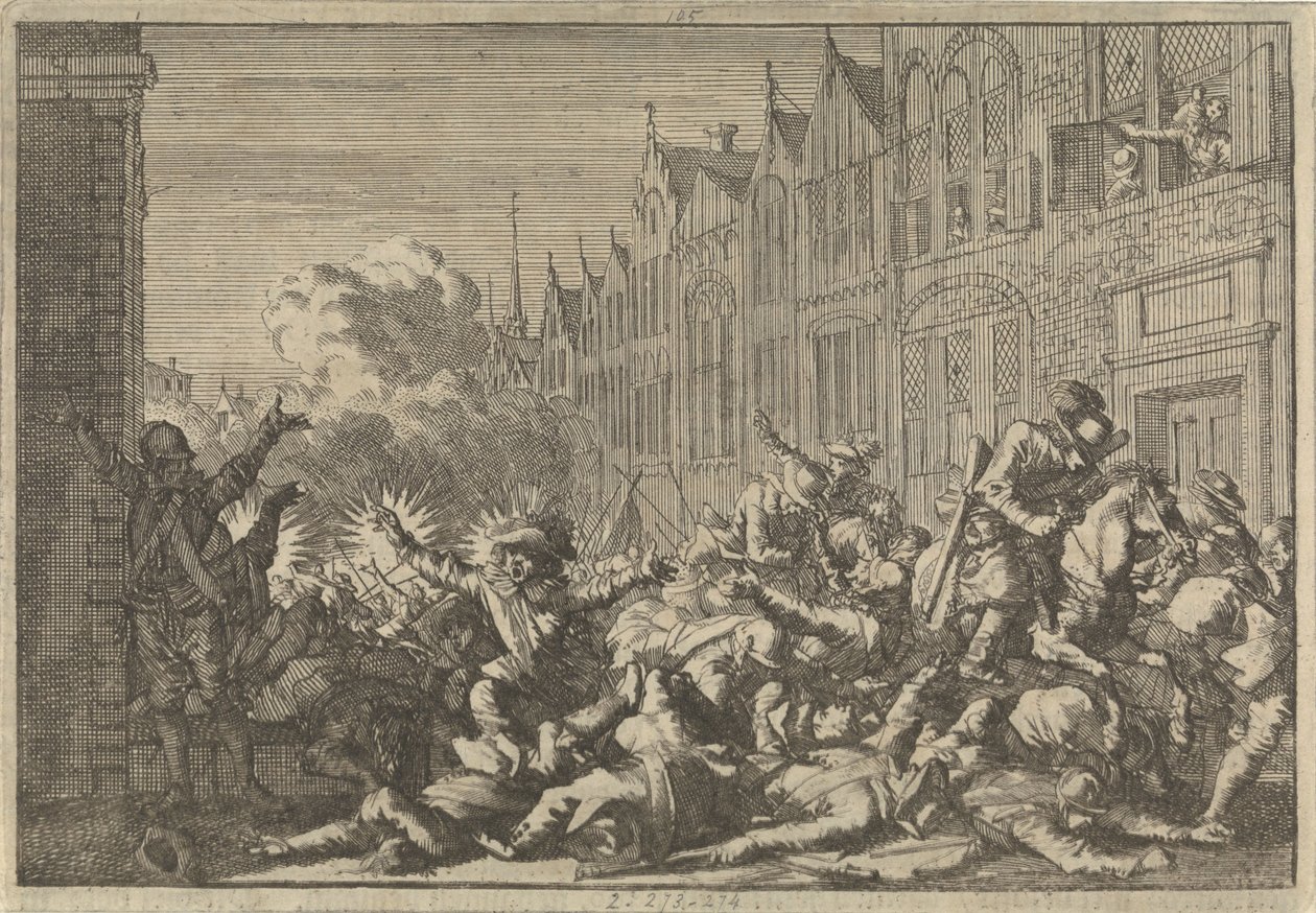 Angers besetzt von Anhängern Mazarins, die in einen Hinterhalt von zehn Kanonen des Gouverneurs De Rohan geraten, 1652 von Caspar Luyken
