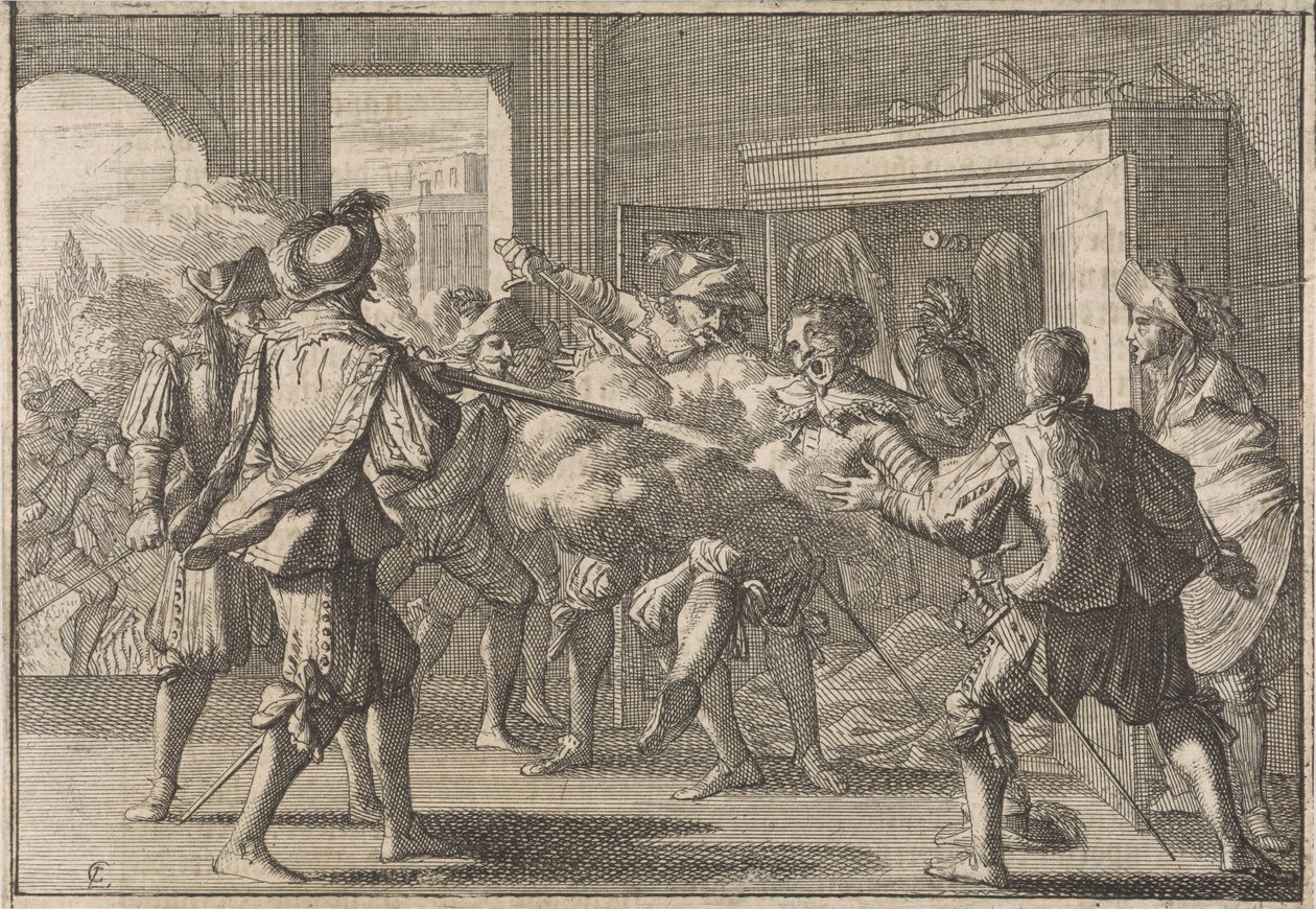 Miguel de Vasconcelos wird in einem Schrank entdeckt und von wütenden Portugiesen ermordet, 1640 von Caspar Luyken