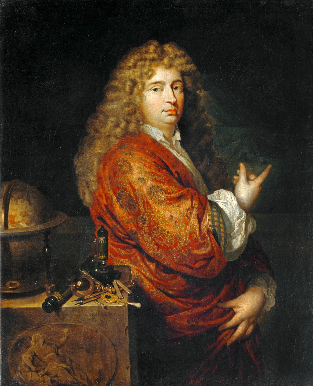 Nicolaes Hartsoeker, Physiker, zeigt auf ein Schiff im Sturm. 1682 von Caspar Netscher