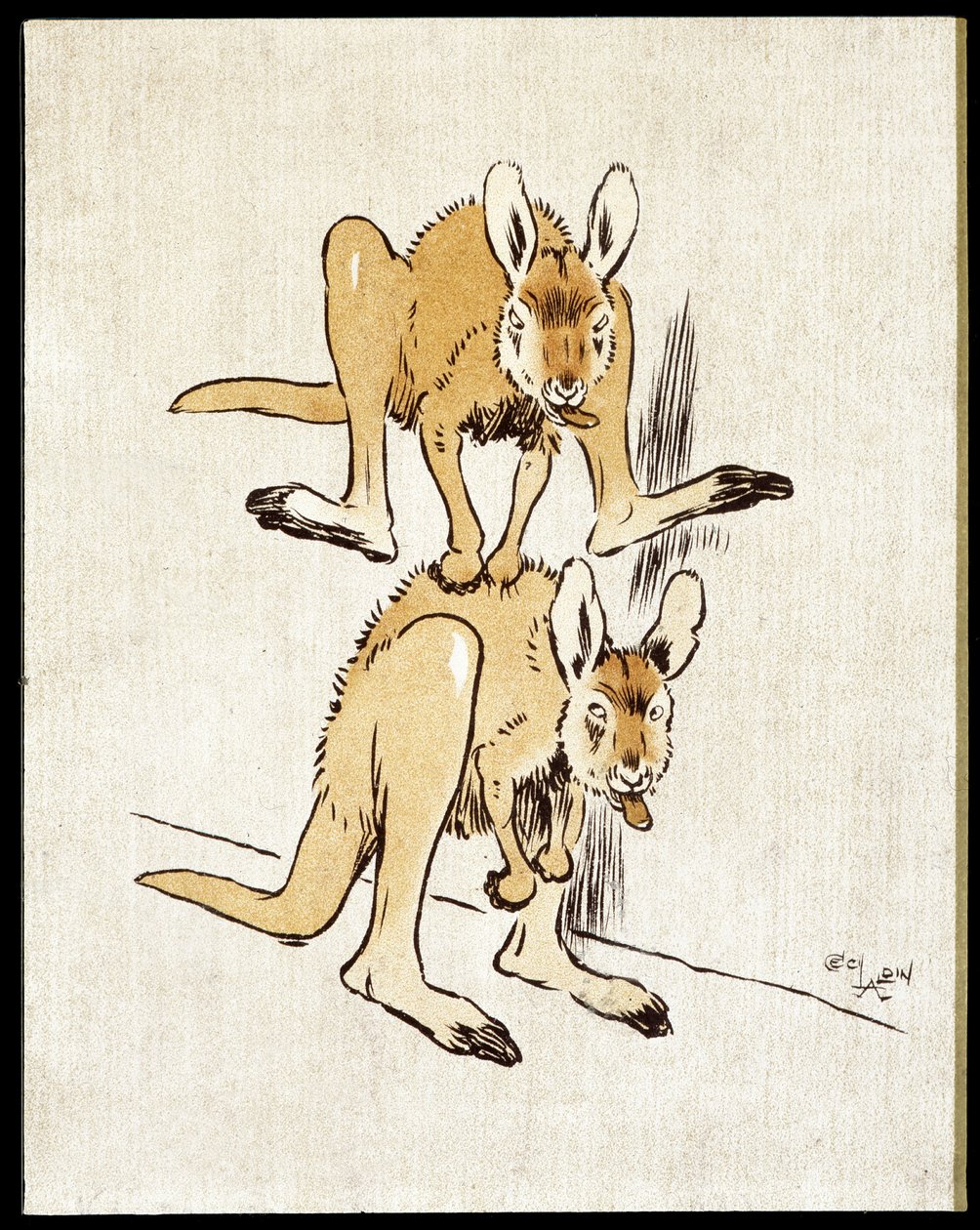 Komische Kängurus. Zwei Kängurus spielen Schafspringen. von Cecil Charles Windsor Aldin