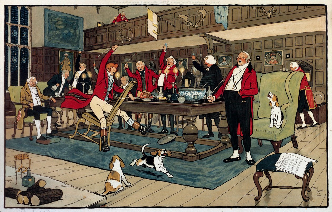 Frühstück des Jägers. Zurück von der Jagd erzählen die Jäger von ihren Taten. Gravur von Cecil Aldin (1870 -? ), England. Sammlung Go. von Cecil Charles Windsor Aldin