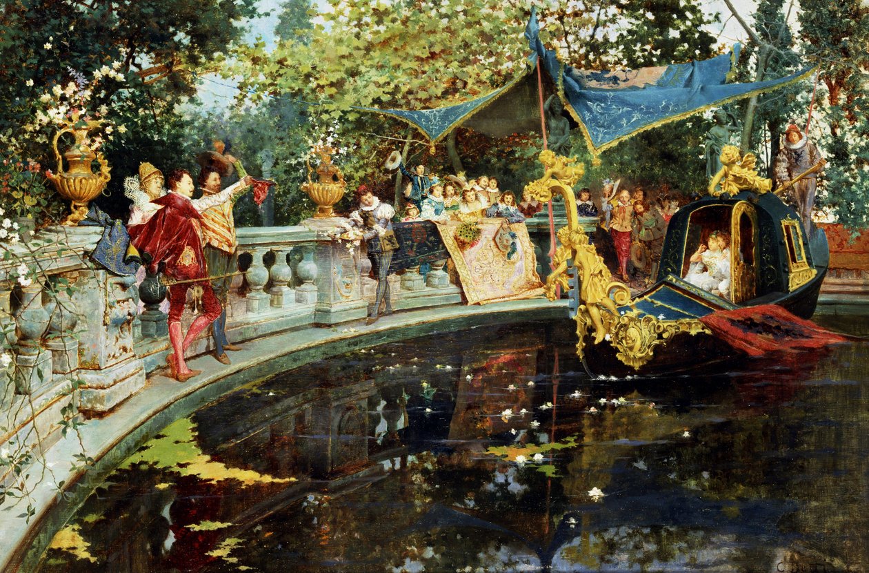 Die Abreise von Cesare. Unterhaltung am englischen Hof: Bootsfahrt in einem Becken von Cesare-Auguste Detti