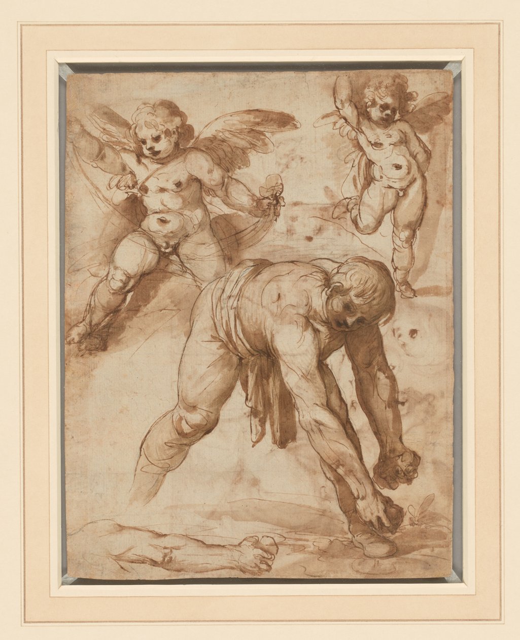 Studien einer sich bückenden Figur, zwei Putti und ein Arm (recto); Rast auf der Flucht nach Ägypten (verso) von Cesare Rossetti