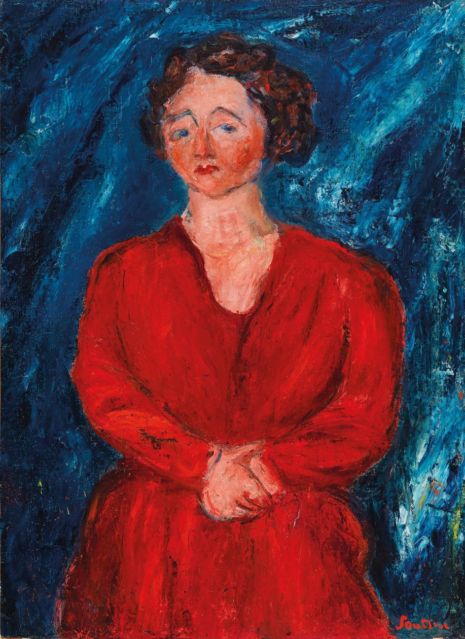 Die Frau in Rot auf blauem Hintergrund, ca. 1928 von Chaim Soutine