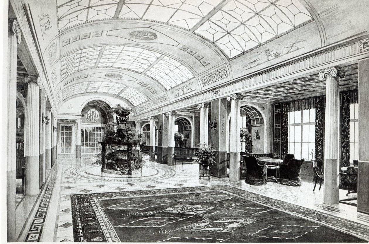 Entwurf für einen Wintergarten-Empfangsraum auf dem Ozeandampfer Admiral von Tirpitz, um 1911 von Charles and Bischoff, A. Mewes