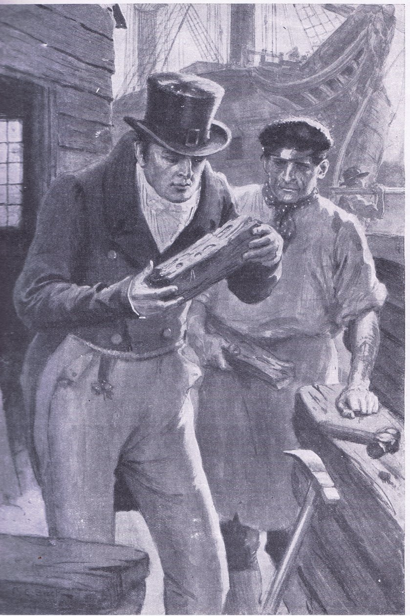 Brunel sieht ein Stück Schiffsholz, das von einem Teredo durchbohrt wurde, was ihn zu seiner Idee inspirierte, unter der Themse zu graben von Charles Edmund Brock