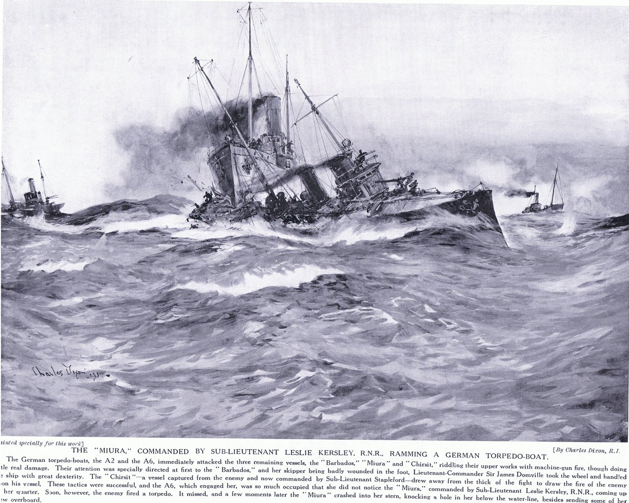 Die Miura kommandiert von Sub Lieutenant Lesley Kelsey RNR rammt ein deutsches Torpedoboot, Oktober 1914 von Charles Edward Dixon