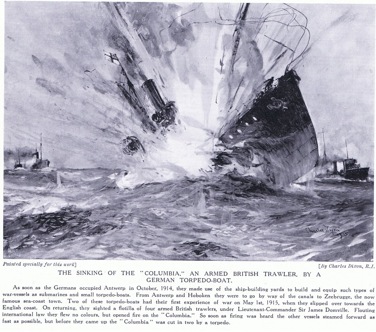 Das Sinken der Columbia, eines bewaffneten britischen Trawlers, durch ein deutsches Torpedoboot an der englischen Küste im Oktober 1914 von Charles Edward Dixon