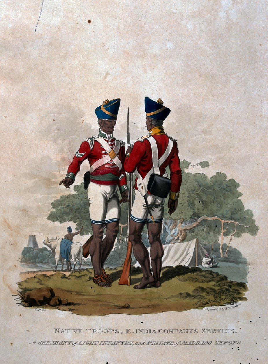 Einheimische Truppen, Dienst der Ostindien-Kompanie, ein Sergeant der leichten Infanterie und ein Soldat der Madras-Sepoys, aus 