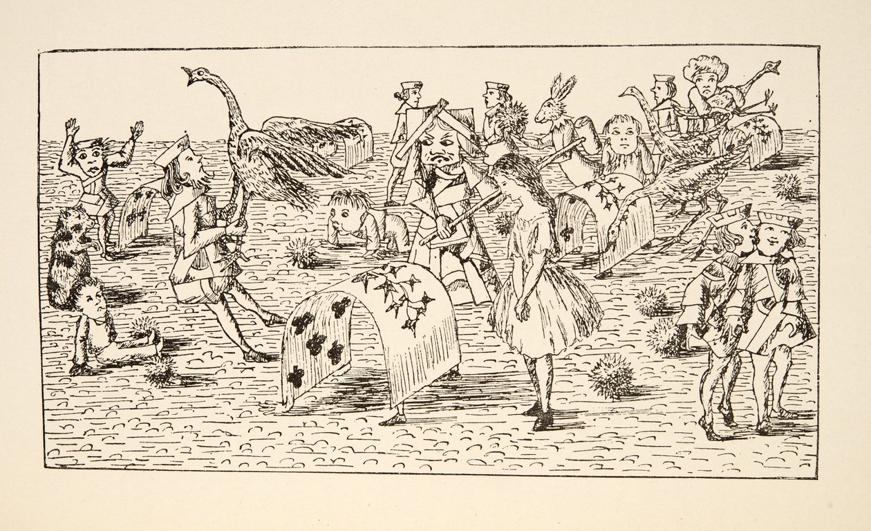 Alice und die Rote Königin spielen Krocket, Illustration aus Alice unter der Erde, veröffentlicht 1886 von Charles Lutwidge Dodgson