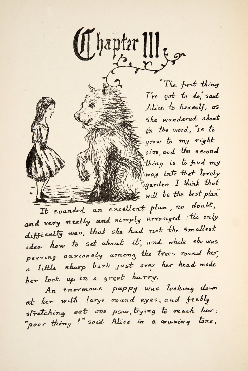 Alice trifft den Welpen, Illustration aus Alice unter der Erde, veröffentlicht 1886 von Charles Lutwidge Dodgson