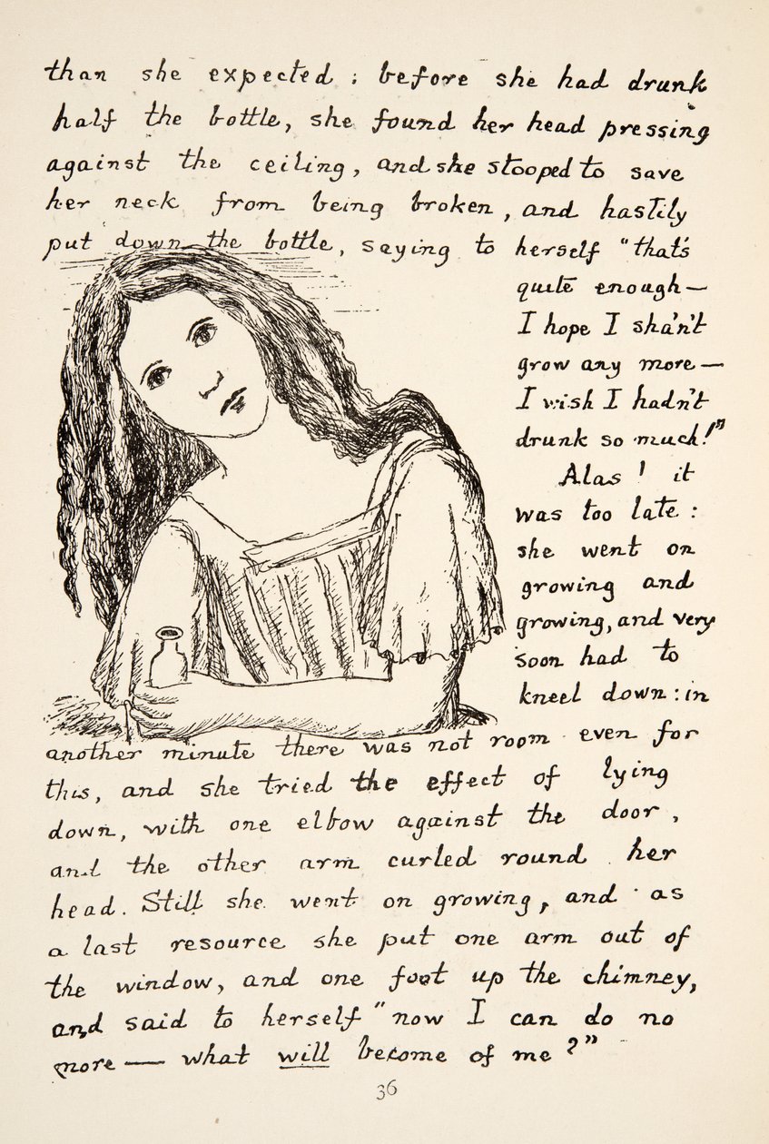 Alice beginnt zu wachsen, nachdem sie aus der kleinen Flasche getrunken hat, Illustration aus Alice unter der Erde, veröffentlicht 1886 von Charles Lutwidge Dodgson