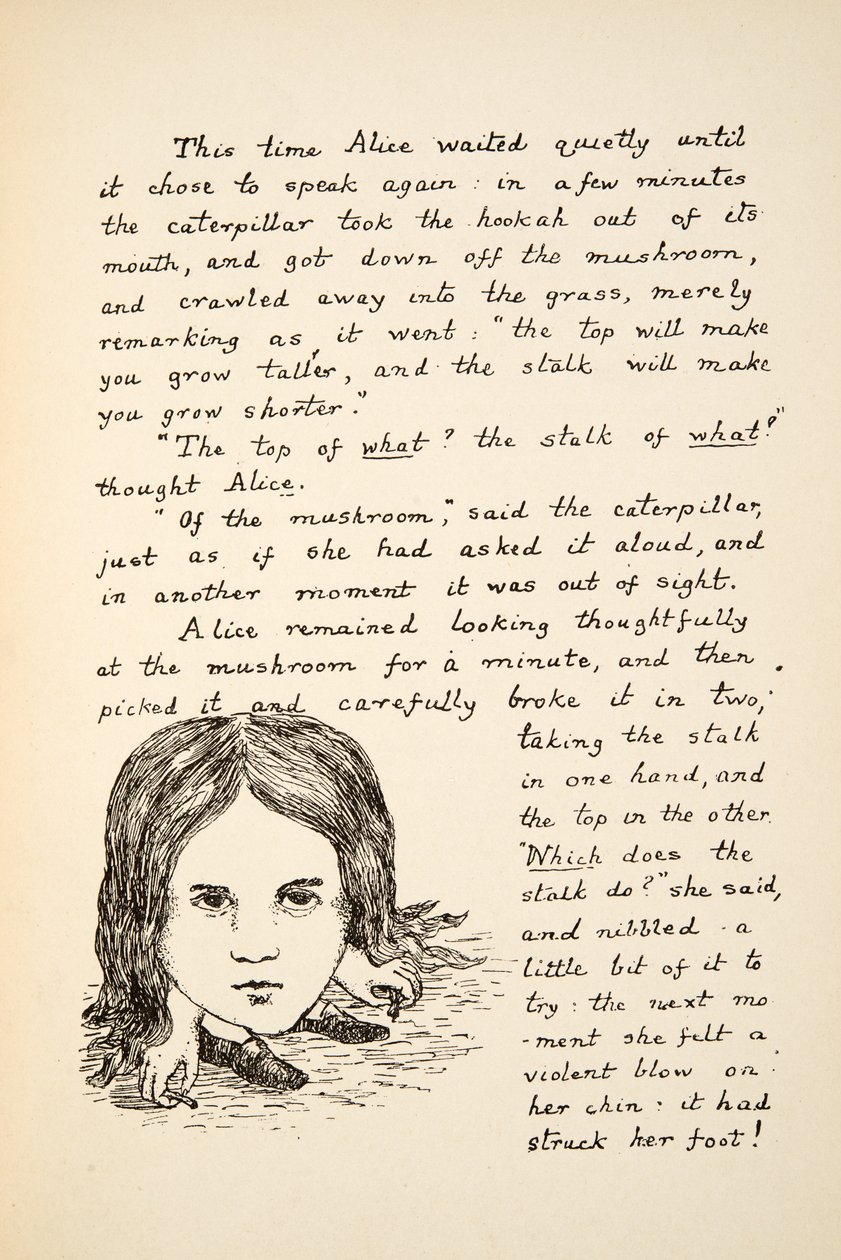 Alices Kinn trifft ihre Füße nach dem Essen des Pilzes, Illustration aus Alice unter der Erde, veröffentlicht 1886 von Charles Lutwidge Dodgson