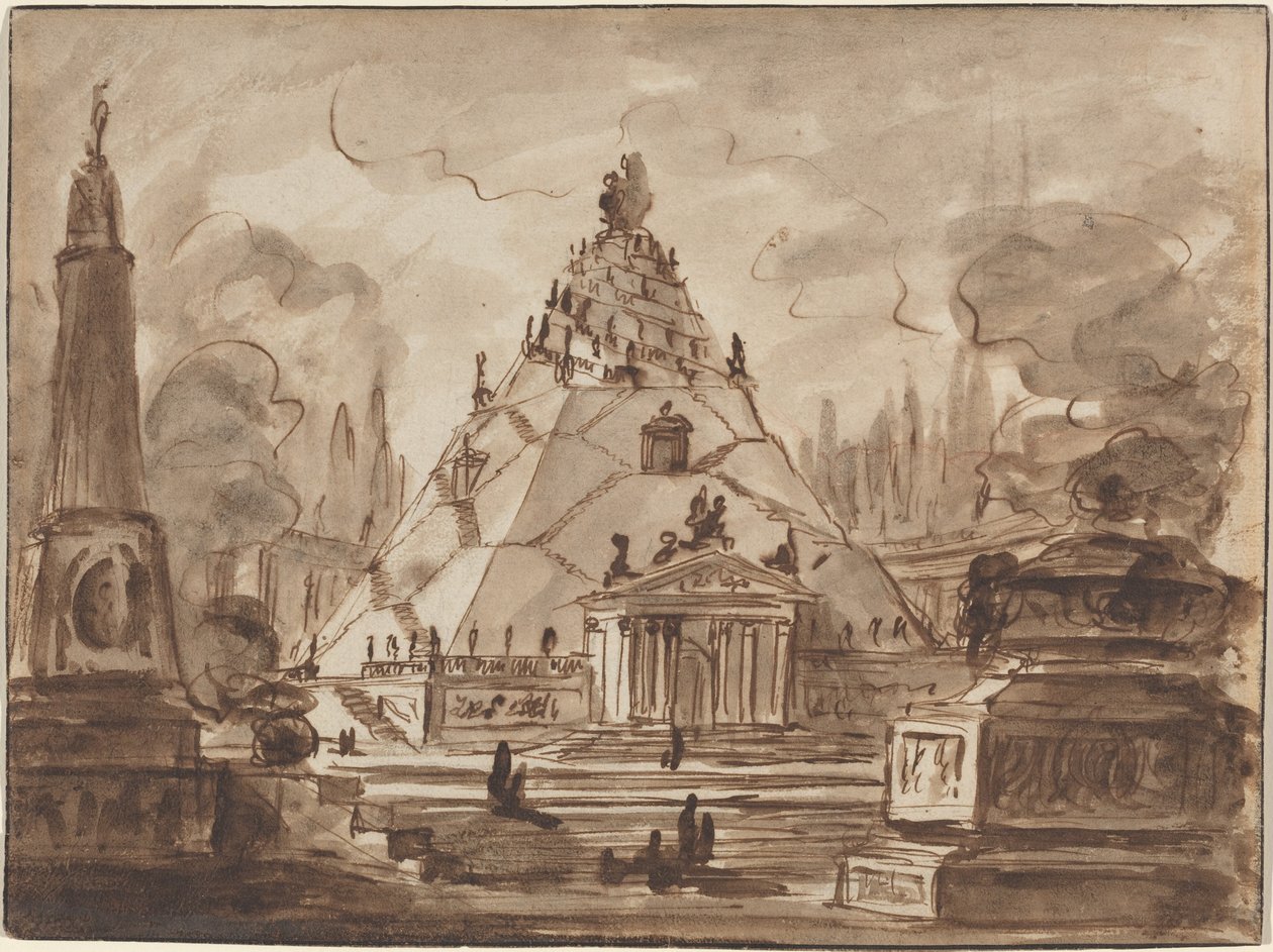 Architektonische Fantasie mit einem pyramidenförmigen Mausoleum, ca. 1747 von Charles-Michel-Ange Challe