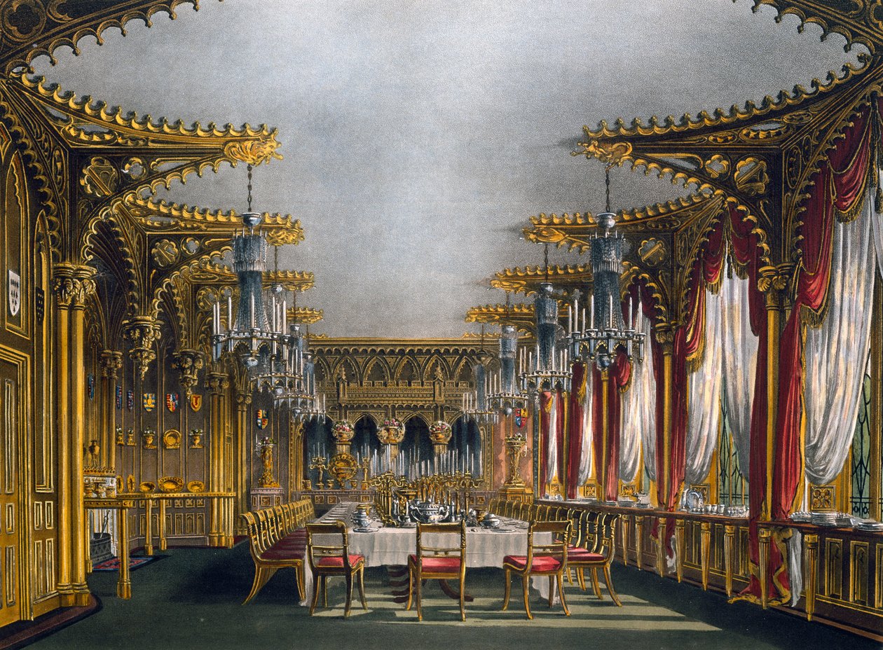 Gotisches Esszimmer, Gravur von Thomas Sutherland, basierend auf einem Entwurf von Charles Wild, aus The History of the Royal Residences von Charles (after) Wild