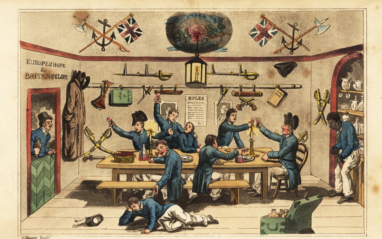 Johnny Newcome bringt Rum zu seinen Offizierskollegen im Messezimmer der Seekadetten von Charles (c.1797 1850) (after) Williams