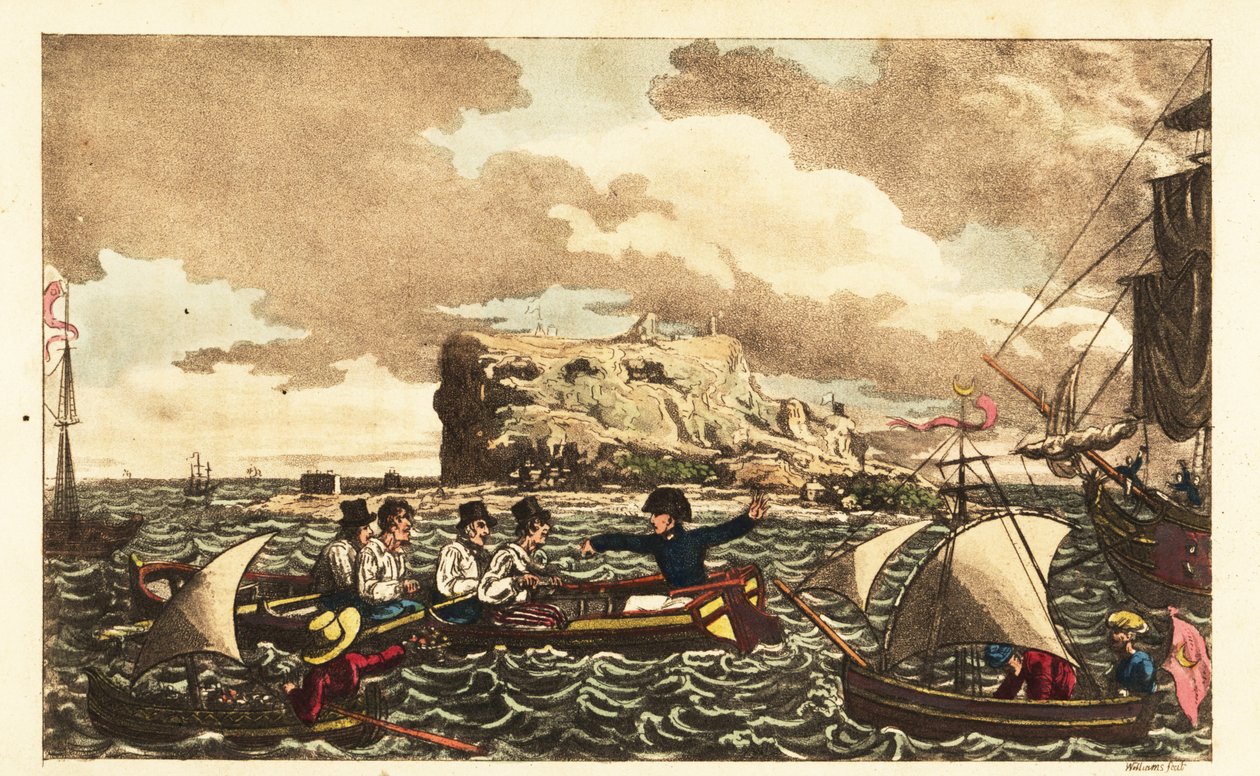 Seekadett Newcome wird mit einem Ruderboot zur HMS Vanguard in der Nähe von Gibraltar gebracht von Charles (c.1797 1850) (after) Williams