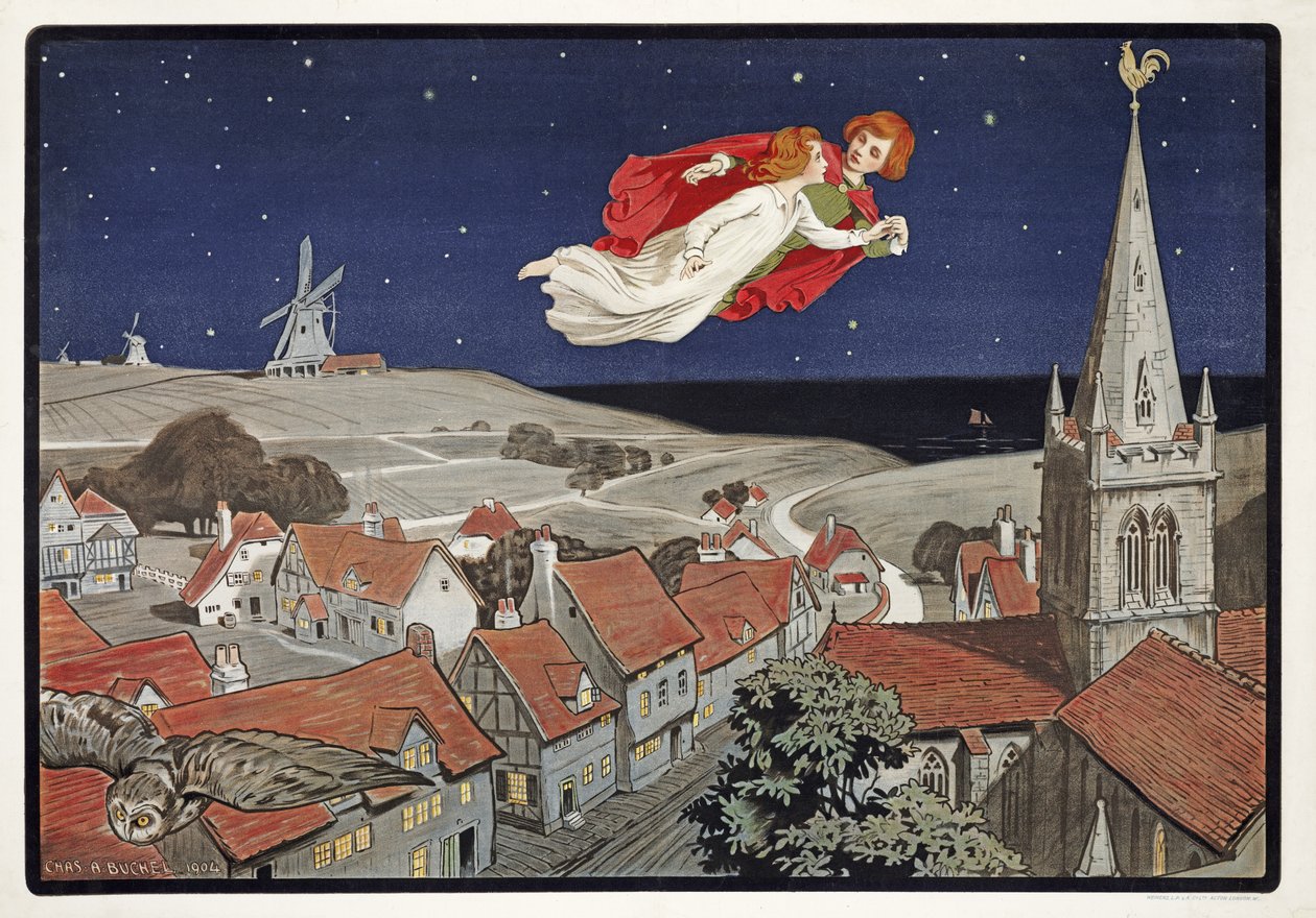 Peter und Wendy fliegen aus Peter Pan von J. M. Barrie, veröffentlicht 1904 von Charles A. Buchel