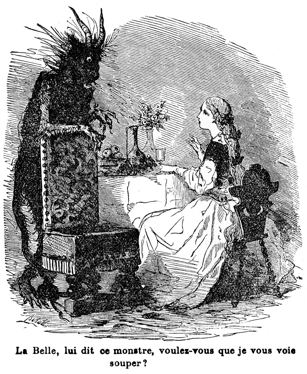 Illustration für die Geschichte von Frau Jeanne Marie Leprince de Beaumont „Die Schöne und das Biest“, 19. Jahrhundert von Charles Albert dArnoux Bertall