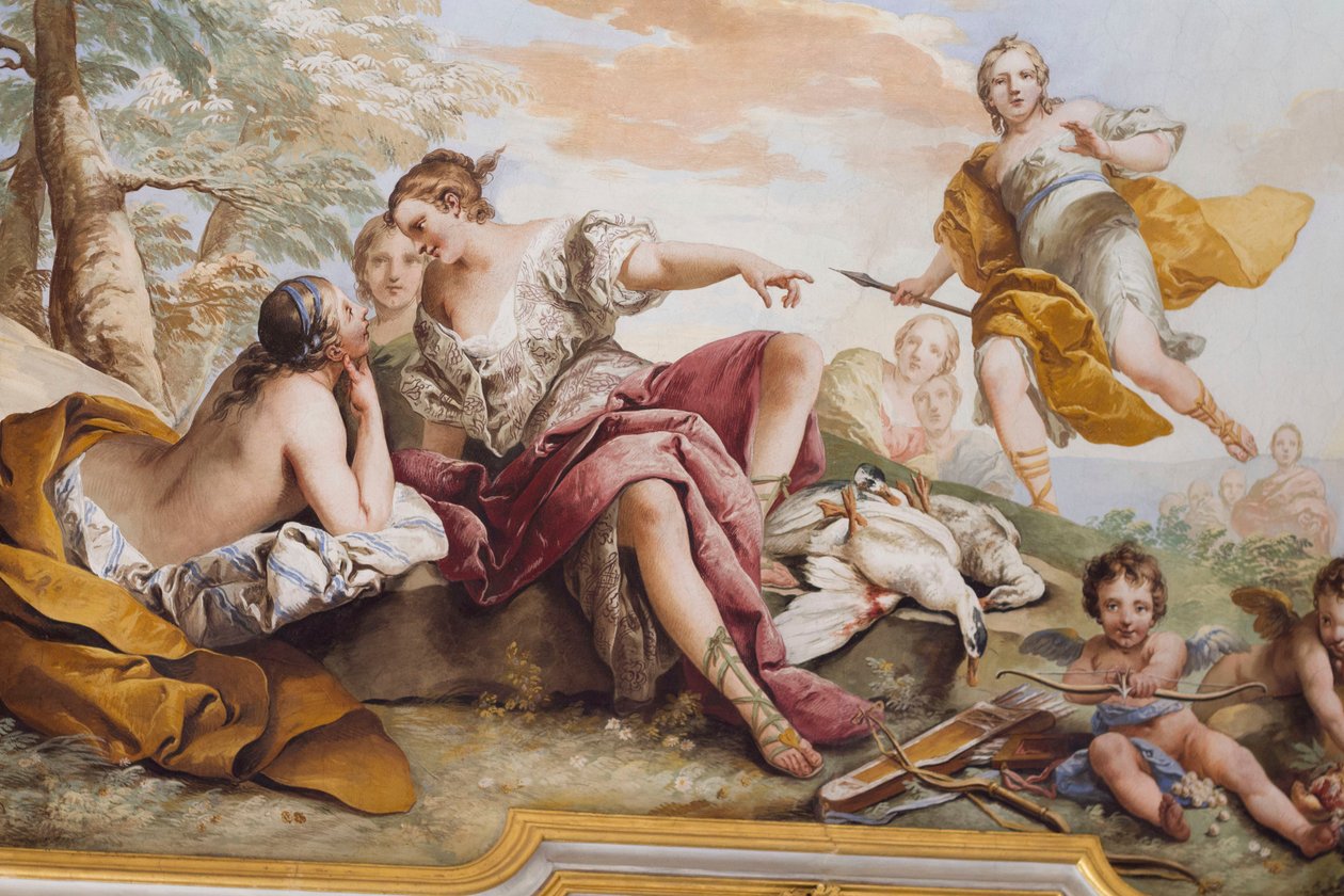 Die Ruhe der Diana unter den Nymphen (Il riposo di Diana tra le Ninfe), Fresko, Gewölbedecke des Schlafzimmers, Königinnenwohnung, Stupinigi, Piemont, Italien von Charles André van Loo