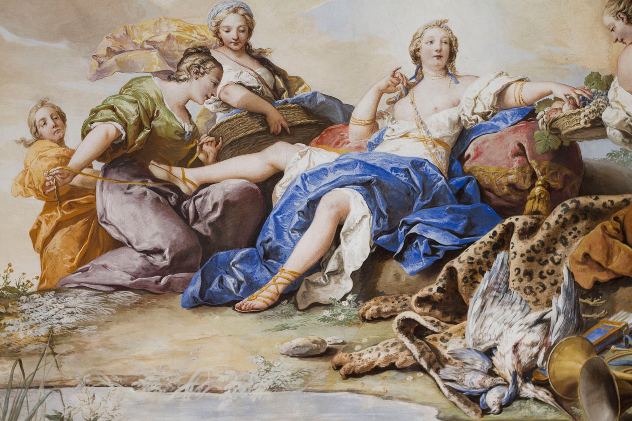 Die Ruhe der Diana unter den Nymphen (Il riposo di Diana tra le Ninfe), von Charles-Andre van Loo (1705-1765), Fresko, Gewölbedecke des Schlafzimmers, Königinnenwohnung, Jagdresidenz, von Filippo Juvarra (1678-1736), Stupinigi, Piemont, Italien von Charles André van Loo