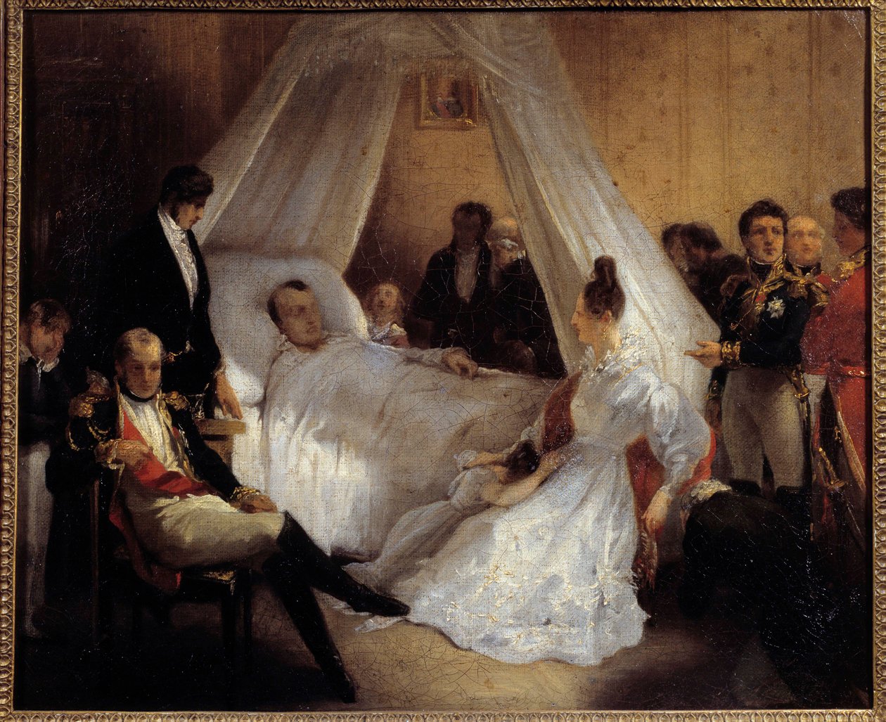 Kaiser Napoleon I. (1769-1821) auf seinem Sterbebett 5.05.1821 auf der Insel St. Helena Gemälde von Charles Augustus Steuben (1788-1856) 1821 Ile d