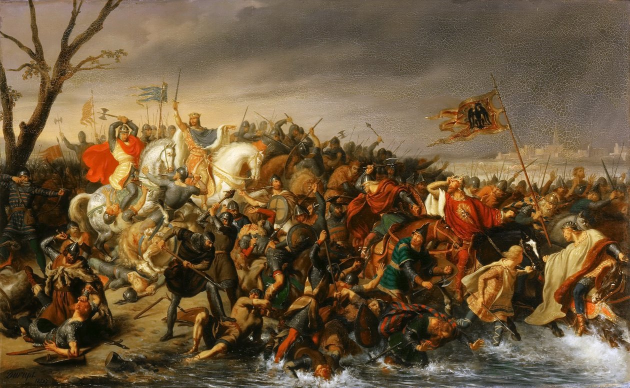 Lothar von Frankreich besiegt Kaiser Otto II. am Ufer der Aisne, Oktober 978 von Charles Barthelemy Jean Durupt