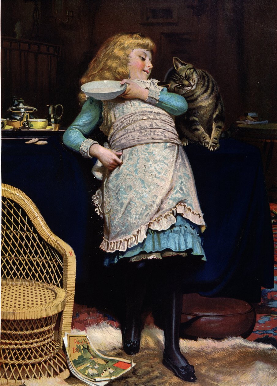 Kind mit Katze, von Burton Barber, englische Chromo von Charles Burton (after) Barber
